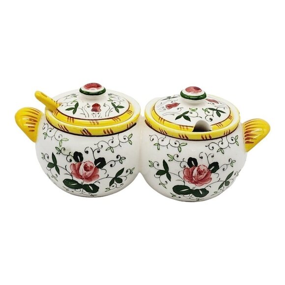 Py Early Provincial Rooster and Roses Double Condiment Jars Spoon Ucago Folk Art - Picture 2 of 9